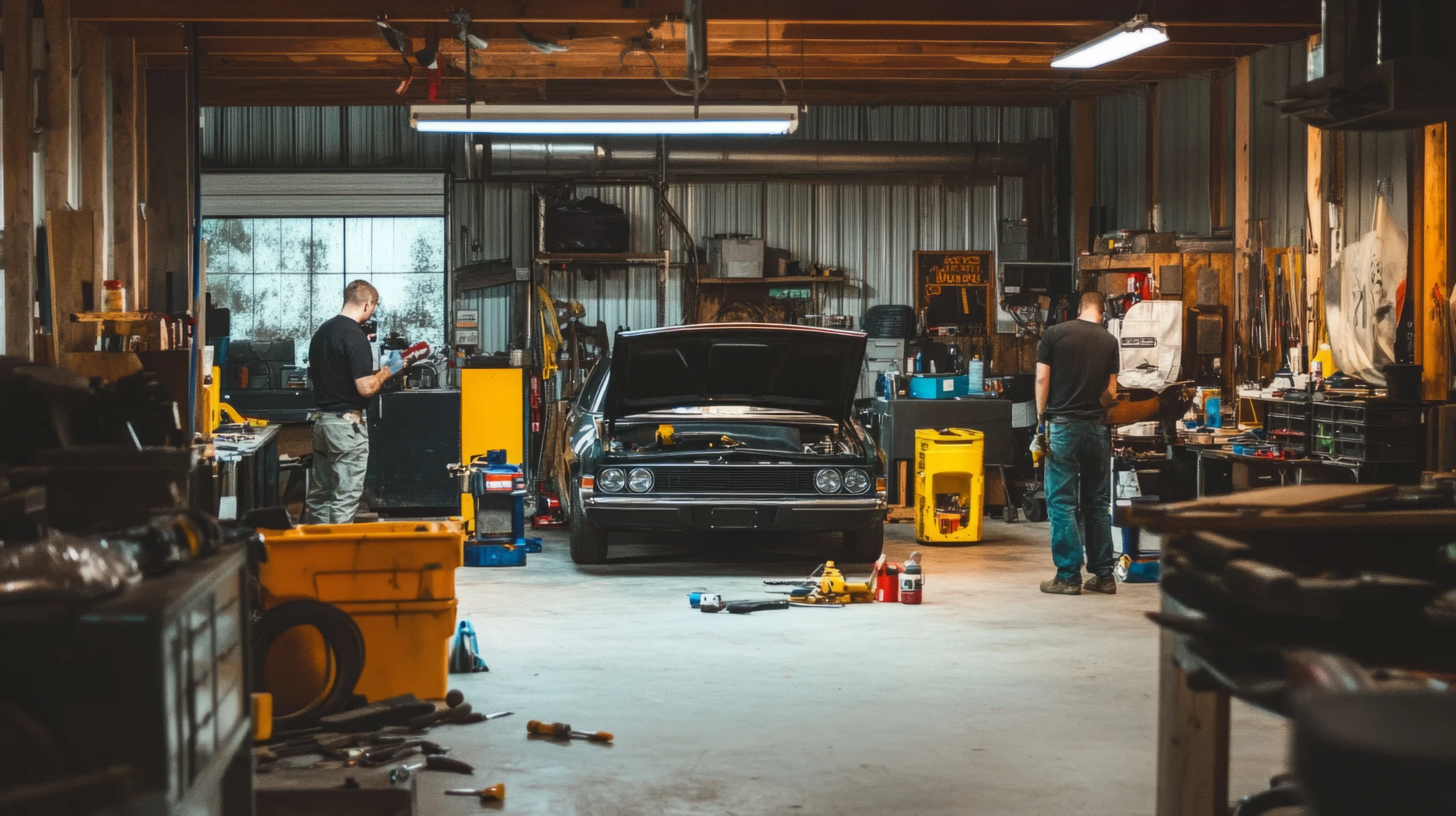 two-mechanics-are-repairing-classic-car-bustling-garage-filled-with-tools-equipment