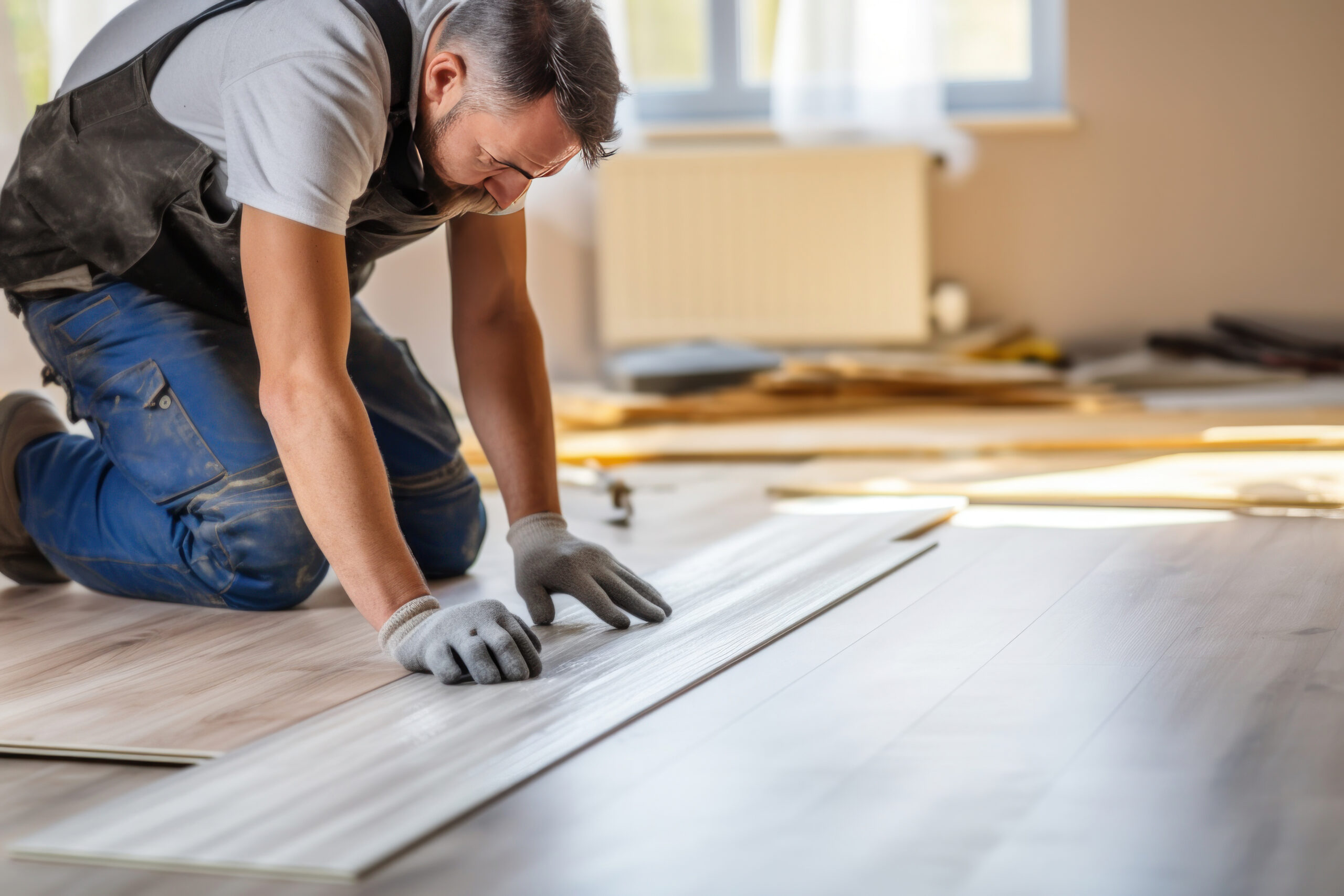 A Worker Installing laminate Floor in New House.